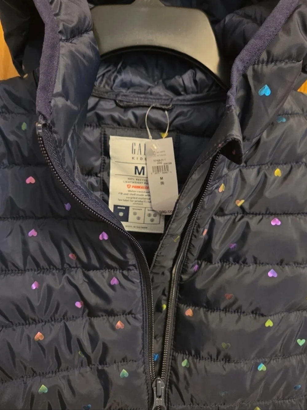 GAP Black Hooded Puffer Jacket with Multicolor Heart Accents